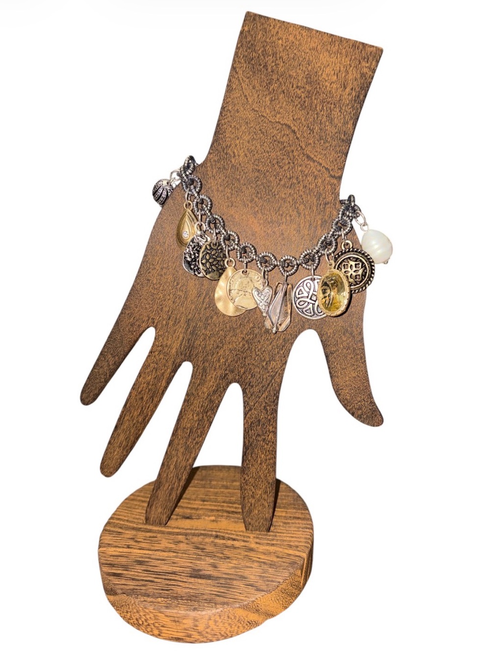 Chico's Silver & Gold Mixed Metal Charm Bracelet with Pearl 7” NWT
